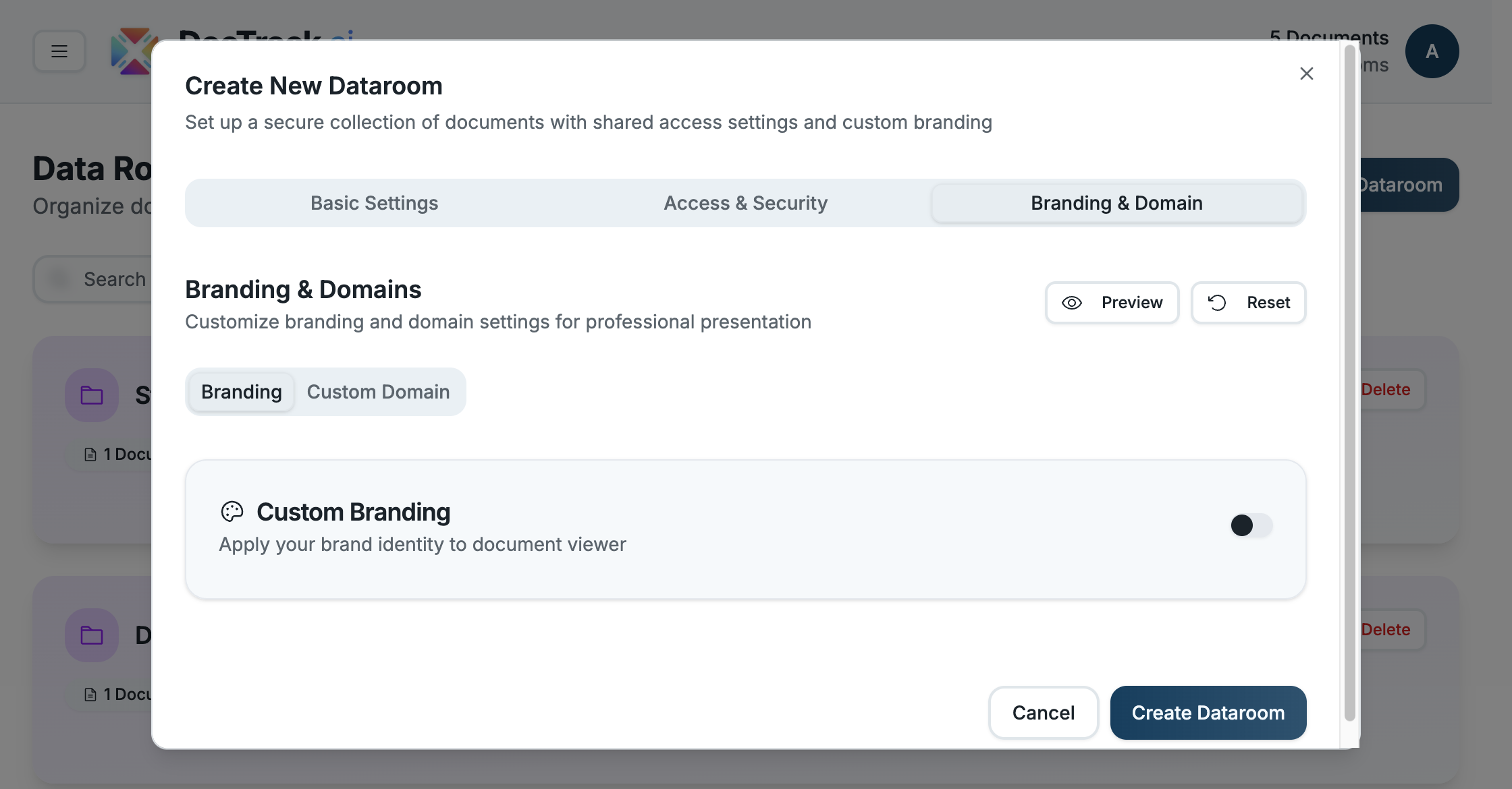 Data room creation — Branding &amp; Domain