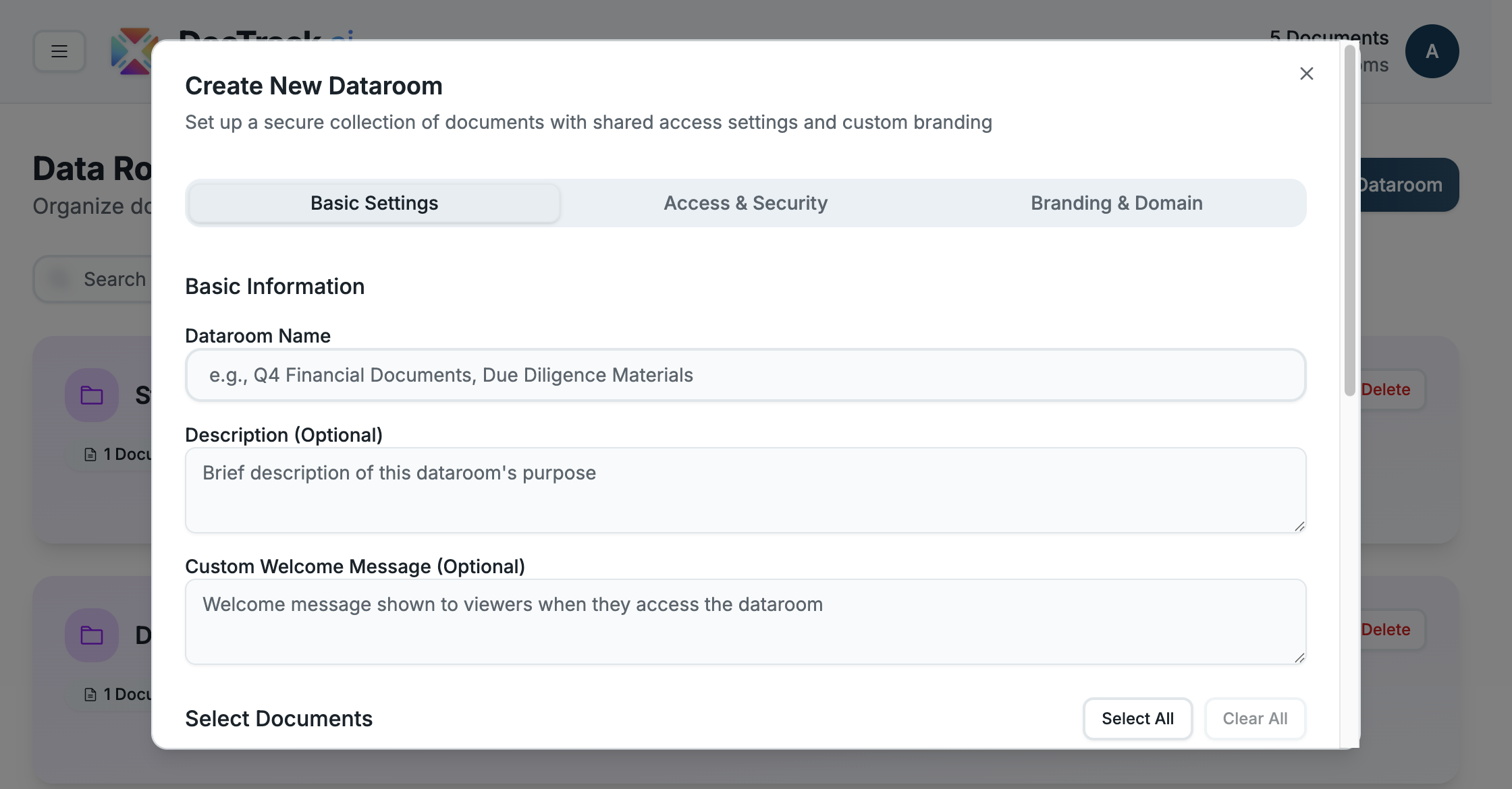 Data room creation — Basic Settings