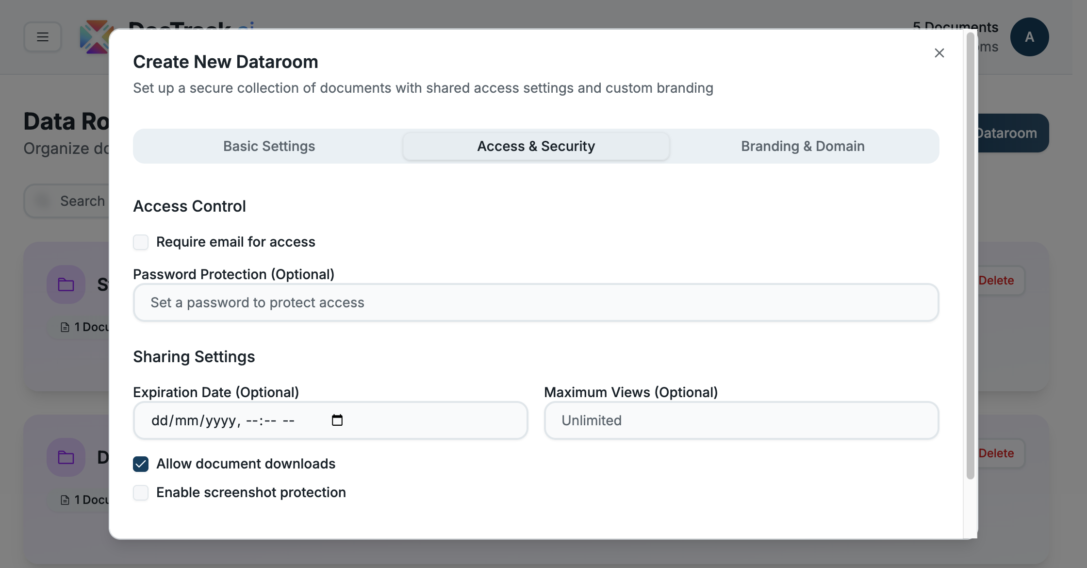 Data room creation — Access &amp; Security