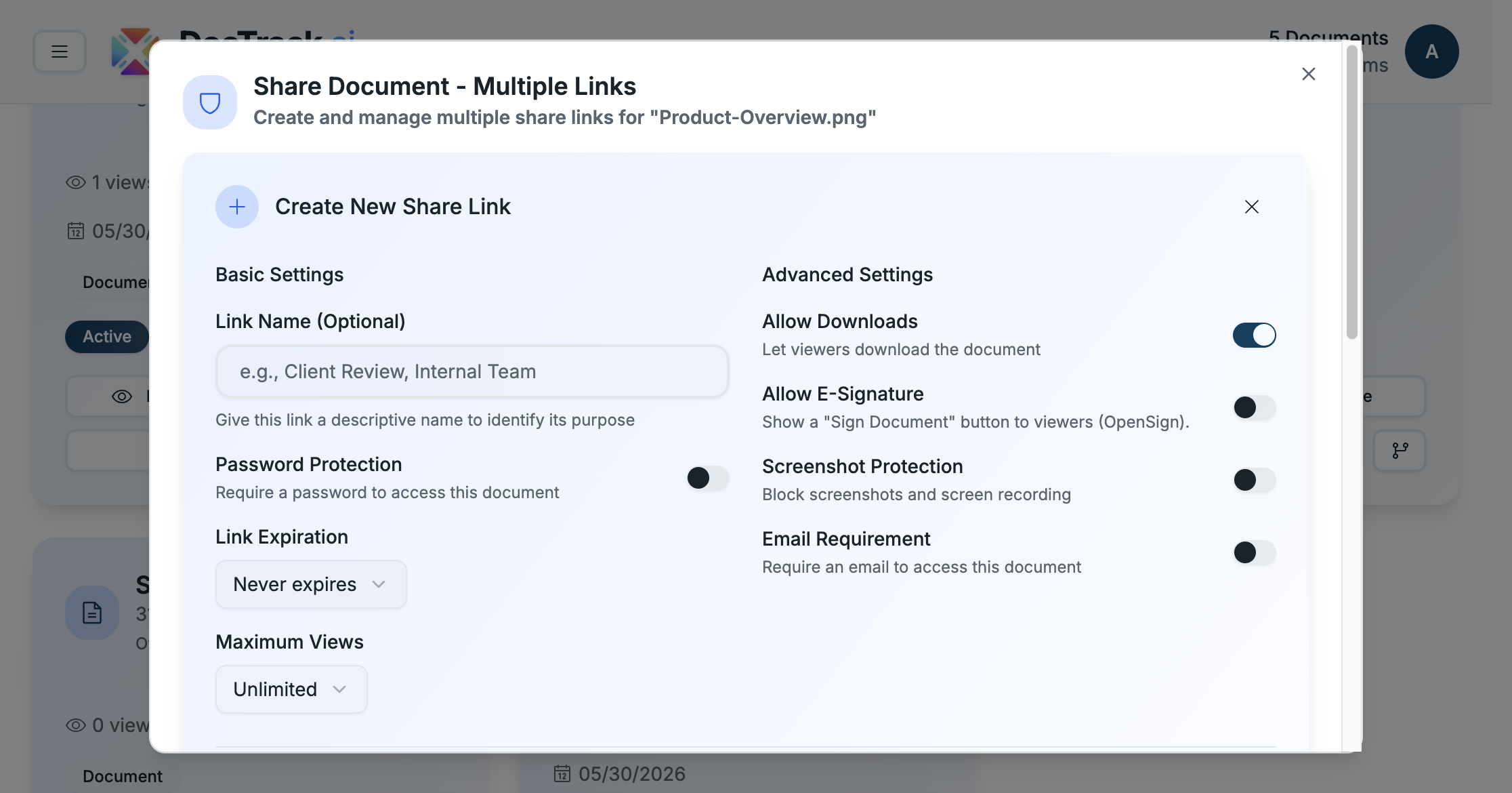 Share link creation form